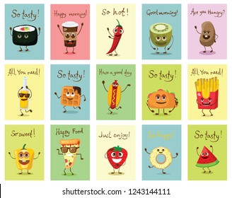Funny cards with healthy and fast food characters with emotions, vector illustrations