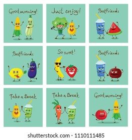 Funny cards with healthy  food characters with emotions, vector illustrations.