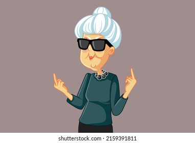Funny Carefree Granny Flipping Middle Finger Vector Cartoon