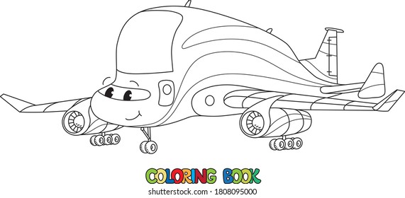 Funny cargo plane with eyes. Coloring book