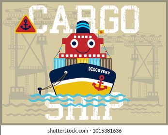 Funny cargo ship cartoon vector on crane background