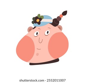 Funny caricature character, quirky whimsical head avatar. Face portrait, shy fool person with red cheeks. Cute freaky humorous user profile. Flat vector illustration isolated on white background