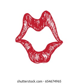 Funny caricature lips shape shouting (emotional fright, astonishment, shock, ecstasy), woodcut style design, hand drawn doodle, sketch in pop art style, isolated vector illustration