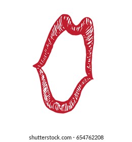 Funny caricature lips shape shouting (emotional fright, astonishment, shock, ecstasy), woodcut style design, hand drawn doodle, sketch in pop art style, isolated vector illustration