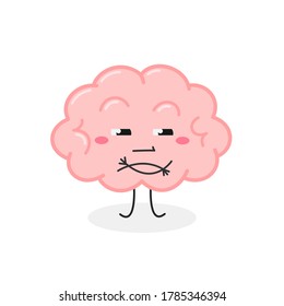 Funny caricature skeptical brain with raised eyebrow. Vector flat illustration isolated on white background