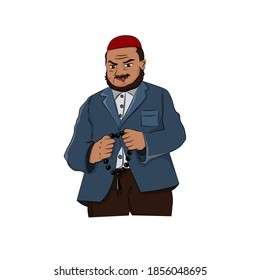 Funny caricature of turkish man. Turkish man is holding a rosary in his hand. Tasbih. Ottoman. Muslim 