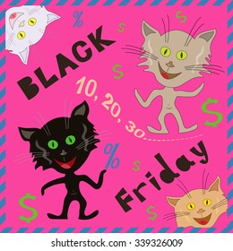 Funny caricatured cats announcing a Black Friday, cartoon vector illustration with pink background
