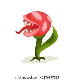 Funny carnivore plant, fantastic red flower vector Illustration on a white background