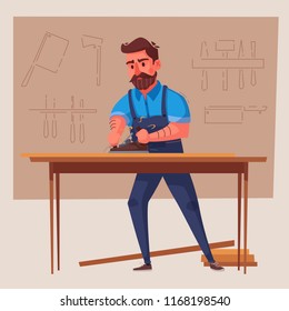 Funny carpenter is working. Cartoon vector illustration. Character design. 