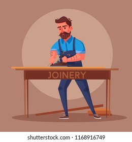 Funny carpenter is working. Cartoon vector illustration. Character design. 