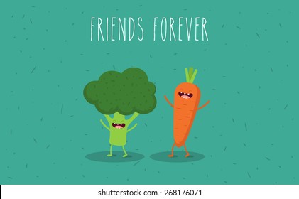 Funny carrot and broccoli cartoon vegetables illustration. Vector cartoon. Friends forever. Comic characters. You can use in the menu, in the shop, in the bar, the card or stickers. Easy to edit.