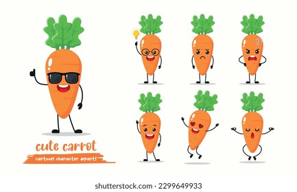 caricatura divertida de zanahoria con muchas expresiones faciales. diseño plano de ilustración vectorial de actividad vegetal diferente.