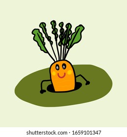 Funny carrot character coming out of the ground.