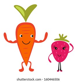 Funny carrot character flirting with strawberry