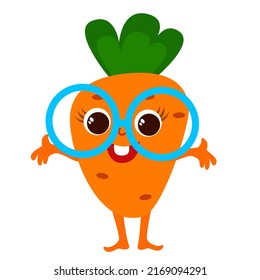 Funny carrot with glasses and with a face and arms and legs. Character design in cartoon childish style for stickers, prints, decor, websites and textiles.