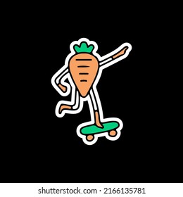 Funny carrot mascot riding skateboard, illustration for t-shirt, sticker, or apparel merchandise. With doodle, retro, and cartoon style.