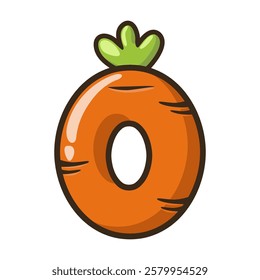 Funny Carrot Number 0, figure Zero. Cartoon of number with a vegetable concept. Calligraphy, lettering, typography for your Education cards or game