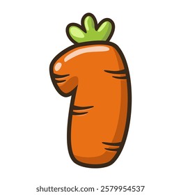 Funny Carrot Number 1, figure One. Cartoon of number with a vegetable concept. Calligraphy, lettering, typography for your Education cards or game