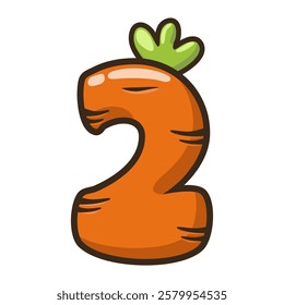 Funny Carrot Number 2, figure Two. Cartoon of number with a vegetable concept. Calligraphy, lettering, typography for your Education cards or game