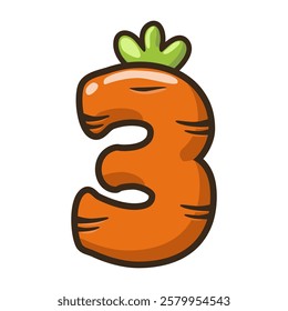 Funny Carrot Number 3, figure Three. Cartoon of number with a vegetable concept. Calligraphy, lettering, typography for your Education cards or game