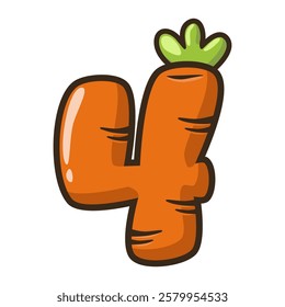 Funny Carrot Number 4, figure Four. Cartoon of number with a vegetable concept. Calligraphy, lettering, typography for your Education cards or game