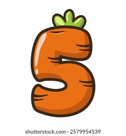 Funny Carrot Number 5, figure Five. Cartoon of number with a vegetable concept. Calligraphy, lettering, typography for your Education cards or game