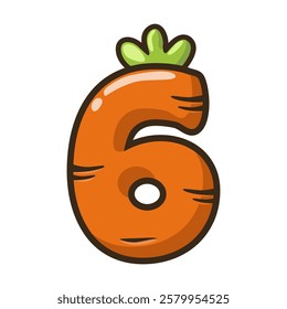 Funny Carrot Number 6, figure Six. Cartoon of number with a vegetable concept. Calligraphy, lettering, typography for your Education cards or game