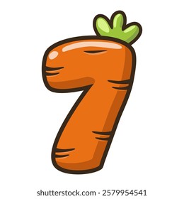 Funny Carrot Number 7, figure Seven. Cartoon of number with a vegetable concept. Calligraphy, lettering, typography for your Education cards or game