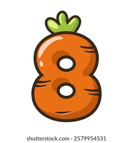 Funny Carrot Number 8, figure Eight. Cartoon of number with a vegetable concept. Calligraphy, lettering, typography for your Education cards or game