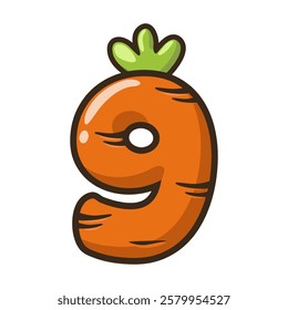 Funny Carrot Number 9, figure Nine. Cartoon of number with a vegetable concept. Calligraphy, lettering, typography for your Education cards or game