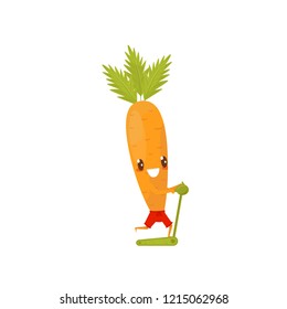 Funny carrot running on a treadmill, sportive vegetable cartoon character doing fitness exercise vector Illustration on a white background