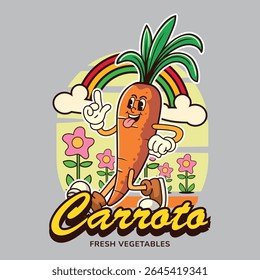 funny carrot vegetable 70s retro comic cartoon character illustration