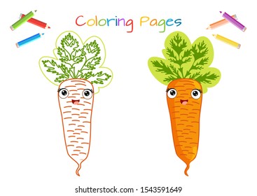 Funny carrots with kawaii face. Coloring, sticker, postcard, scrapbooking, products for children.