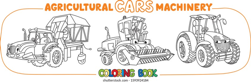 Funny cars coloring book set. Agricultural machinery