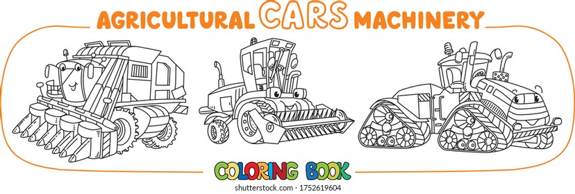 Funny cars coloring book set. Agricultural machinery