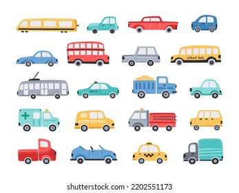 Funny cars. Colourful public transport, cute town vehicle for kids. City and school bus, taxi car and simple cab truck cartoon vector illustration set of transport public and car traffic