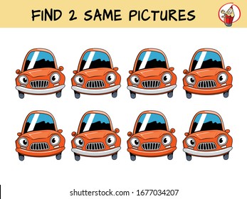 Funny cars with eyes. Find two the same pictures. Educational matching game for children. Cartoon vector illustration