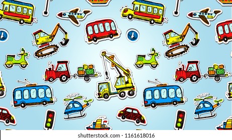 Funny cars seamless pattern. Doodle sketch inked illustration. Vector pattern.