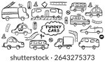 Funny cars set. Charming vector drawing of vehicles including tram, taxi, police car, ambulance, fire truck, and convertible. Wax pastel and charcoal texture create a fun school or kindergarten vibe