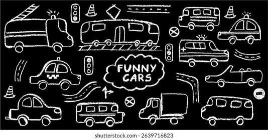 Funny cars set. Charming vector drawing of vehicles including tram, taxi, police car, ambulance, fire truck, and convertible. Wax pastel and charcoal texture create a fun school or kindergarten vibe
