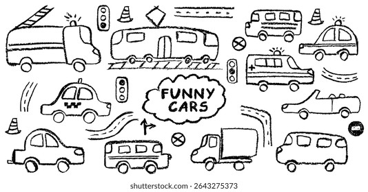 Funny cars set. Charming vector drawing of vehicles including tram, taxi, police car, ambulance, fire truck, and convertible. Wax pastel and charcoal texture create a fun school or kindergarten vibe
