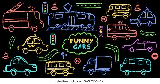 Funny cars set. Colorful vector drawing of vehicles including tram, taxi, police car, ambulance, fire truck, and convertible. Wax pastel and charcoal texture create a fun school or kindergarten vibe.