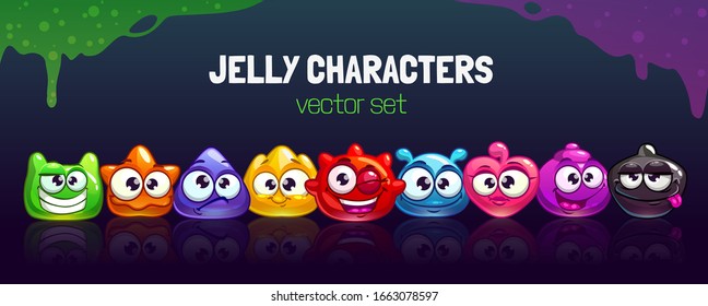 Funny carton colorful jelly characters set. Cool slime horizontal banner. Funny cute cartoon rainbow slimy characters.  Vector illustration.