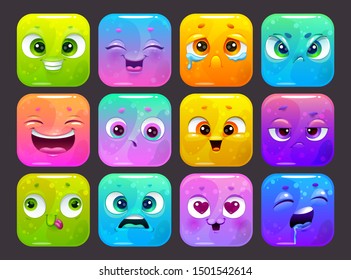 Funny carton square faces set. Colorful emoji stickers, isolated GUI assets on dark background. Vector app icons for game logo design.