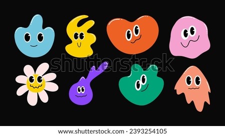 Funny cartoon abstract shapes set. Retro psychedelic characters design form. Hand draw illustration, stickers. 