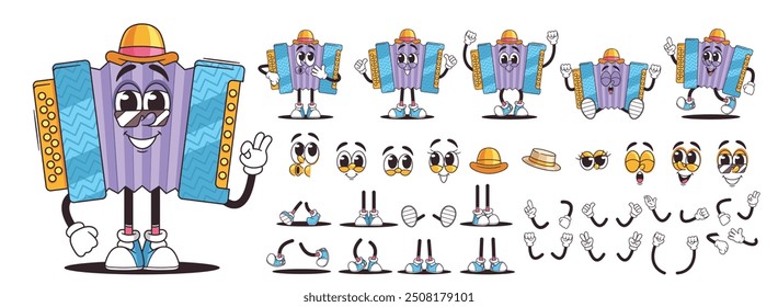 Funny Cartoon Accordion Character With Various Expressions And Accessories For Creative Projects, Music, Entertainment