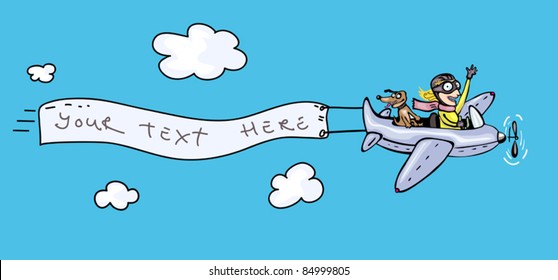 Funny cartoon airplane with  banner for your message.