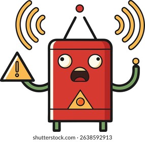 Funny cartoon alarm robot with warning signal illustration. Red quirky robot character showing emergency alert and raised arms. Ideal for tech, robotics, and caution-themed concepts.