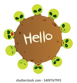 Funny cartoon alien character on moon with text hello isolated on white background. Vector illustration