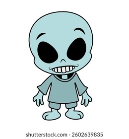 Funny cartoon alien. Creepy cute alien. Smiling kind alien with a big head in a shirt. Print for T-shirt, hoodie, etc.